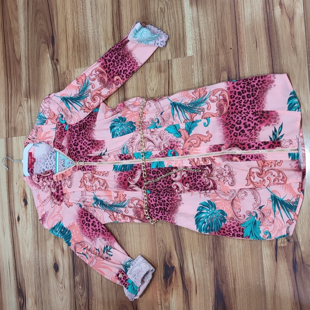 GUESS ABELINA CHALLIS SHIRT DRESS SIZE M with gold tone chain belt